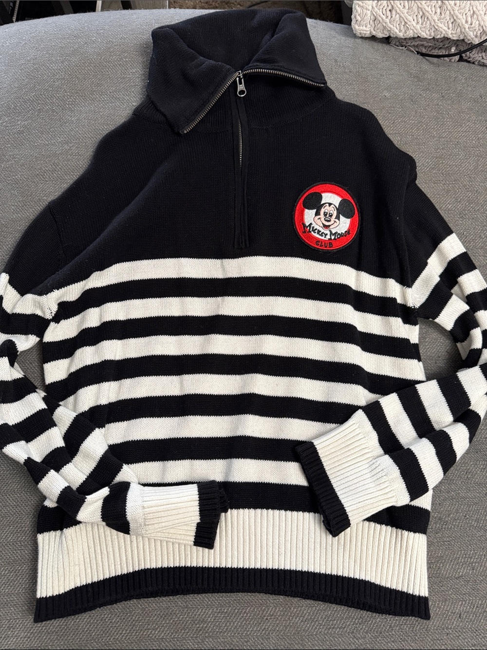 Disney Black and White Striped Half-Zip Sweater with Mickey Patch